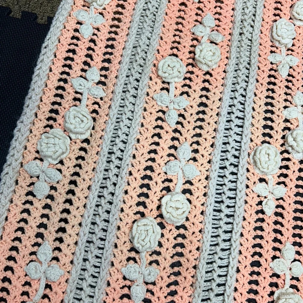 Crochet Throw Blanket 50x67 Peach Cream 3D Floral Rosette Fringe